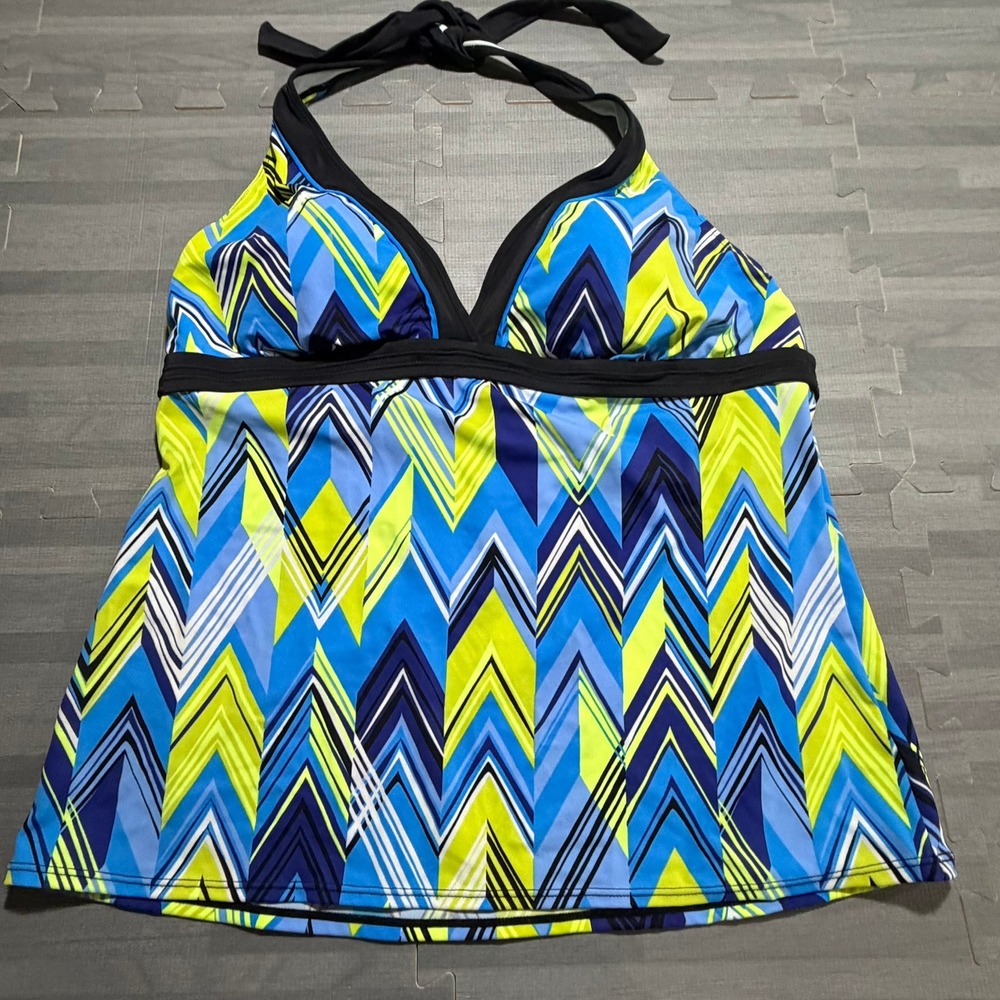 Nike Geometric Chevron Halter Tankini Swim Top Blue Green